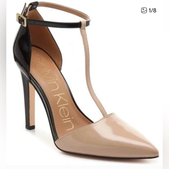 Calvin Klein Bayna Pump Nude and Black T Strap Heels, Sz 37 - Picture 1 of 10